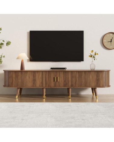 Meuble TV en bois avec rangements ouverts et tiroirs