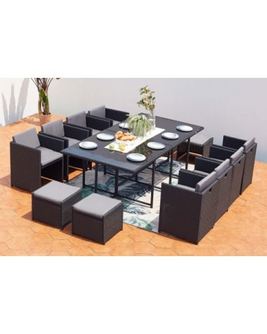Table et chaises 12 places encastrables en résine noir/gris