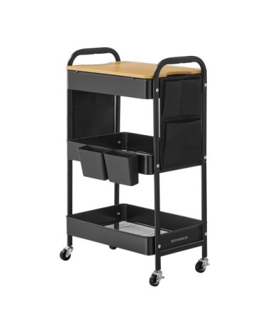 Chariot de rangement à 3 niveaux avec roues 2 Pots Amovibles noir