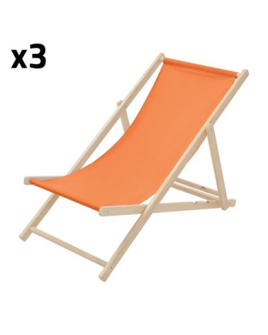 Lot de 3 chaises longues pliantes bois et tissu orange 3 positions