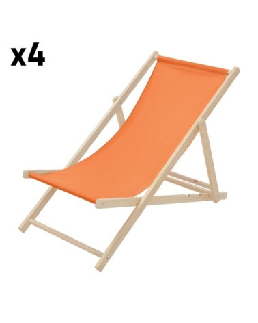 Lot de 4 chaises longues pliantes bois et tissu orange 3 positions