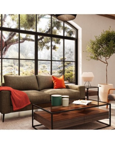 Table basse en métal verre et plaquage noyer 2 tiroirs