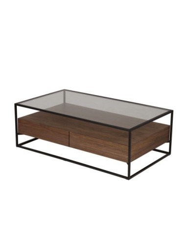 Table basse en métal verre et plaquage noyer 2 tiroirs