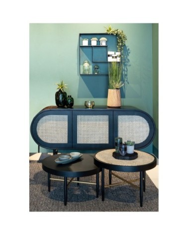 Table basse en cannage naturel et chêne noir ronde D 60 cm