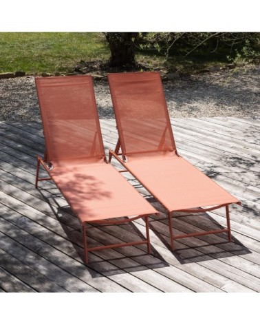 Lot de 2 transats pliants en acier et textilène terracotta