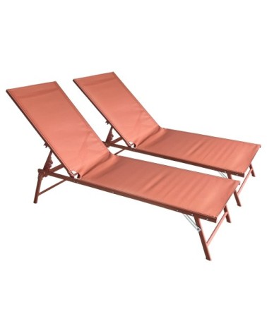 Lot de 2 transats pliants en acier et textilène terracotta