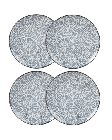 Assiette plate en grès blanc motifs graphiques bleus
