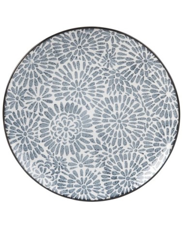 Assiette plate en grès blanc motifs graphiques bleus
