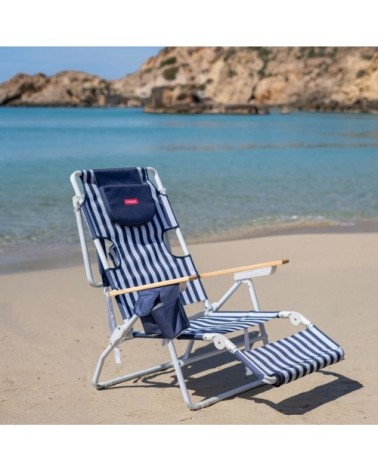 Chaise plage inclinable repose pieds aluminium bleu