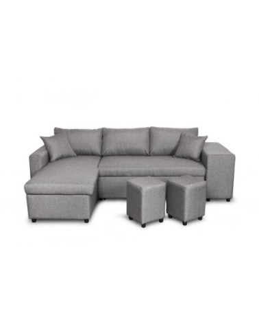 Canapé d'angle convertible avec coffre et poufs en tissu - gris clair