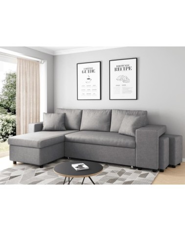 Canapé d'angle convertible avec coffre et poufs en tissu - gris clair