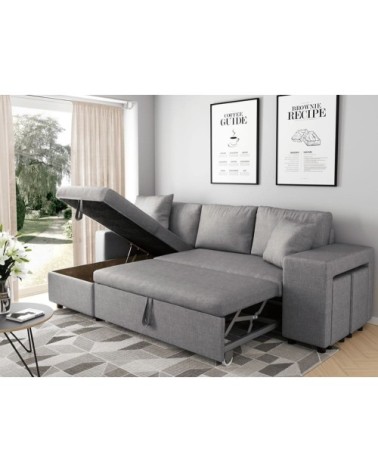 Canapé d'angle convertible avec coffre et poufs en tissu - gris clair