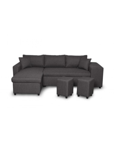 Canapé d'angle convertible avec coffre et poufs en tissu - gris foncé