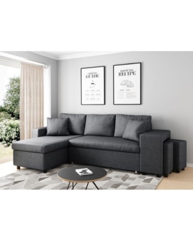 Canapé d'angle convertible avec coffre et poufs en tissu - gris foncé