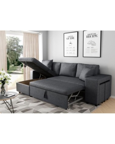 Canapé d'angle convertible avec coffre et poufs en tissu - gris foncé
