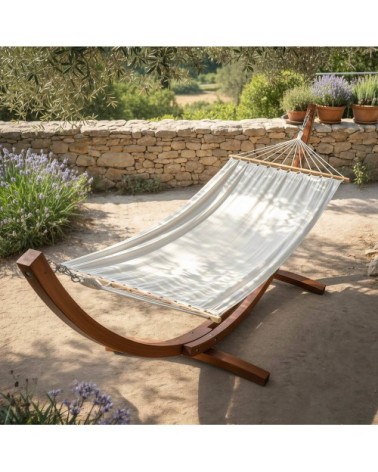 Hamac en polycoton blanc sur pied en bois