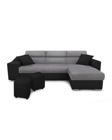 Canapé d'angle convertible en microfibre/simili avec poufs - gris/noir