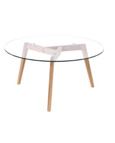 Table basse en verre ronde D90 cm et pieds chêne