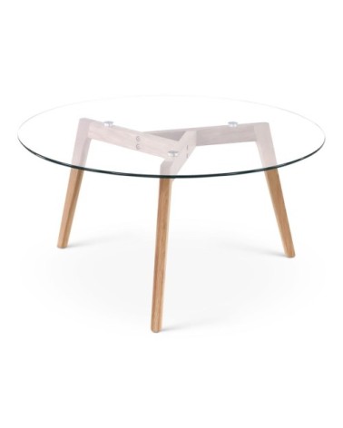 Table basse en verre ronde D90 cm et pieds chêne