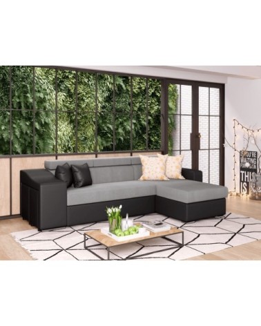 Canapé d'angle convertible en microfibre/simili avec poufs - gris/noir