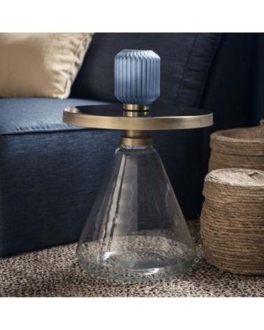 Table basse en verre transparent avec plateau en laiton antique