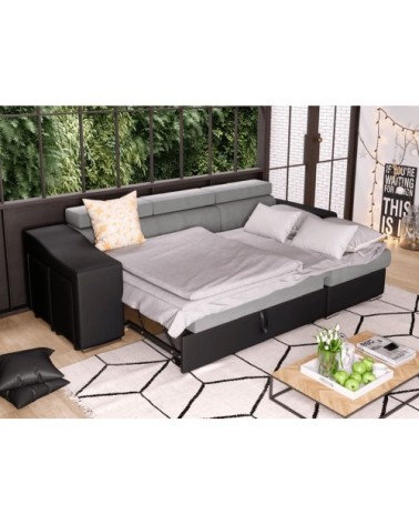Canapé d'angle convertible en microfibre/simili avec poufs - gris/noir