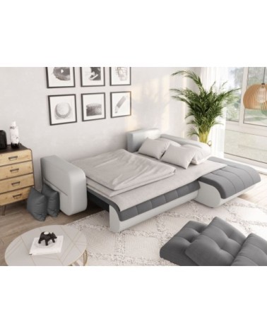 Canapé d'angle droit convertible en simili et microfibre - blanc/gris