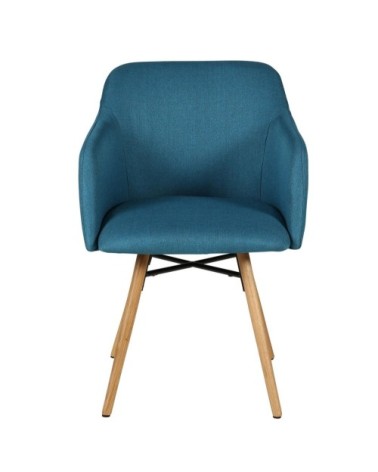 Chaise accoudoirs bleu en tissu pieds chêne naturel