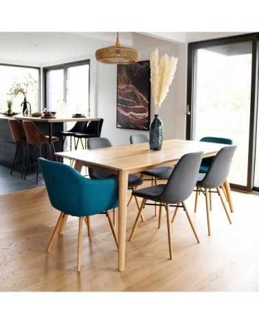 Chaise accoudoirs bleu en tissu pieds chêne naturel