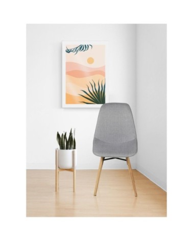 Chaise de repas en tissu gris clair et pieds chêne