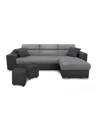 Canapé d'angle convertible en microfibre et simili avec poufs - gris