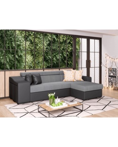 Canapé d'angle convertible en microfibre et simili avec poufs - gris