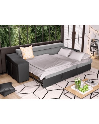 Canapé d'angle convertible en microfibre et simili avec poufs - gris