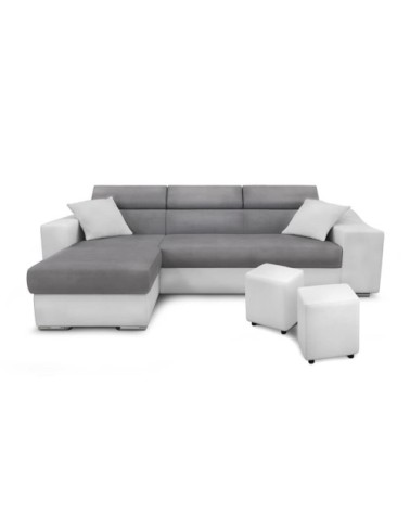 Canapé d'angle droit microfibre/simili avec poufs - blanc/gris