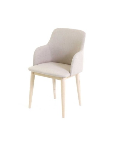 Chaise accoudoirs tissu beige et pieds plaqué chêne