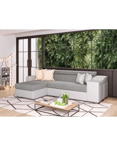 Canapé d'angle droit microfibre/simili avec poufs - blanc/gris