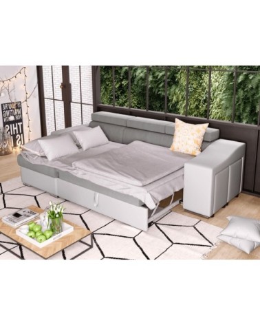 Canapé d'angle droit microfibre/simili avec poufs - blanc/gris