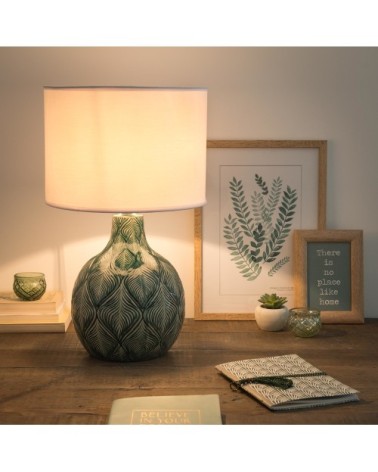 Lampe en céramique verte abat-jour en coton blanc