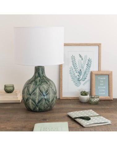 Lampe en céramique verte abat-jour en coton blanc