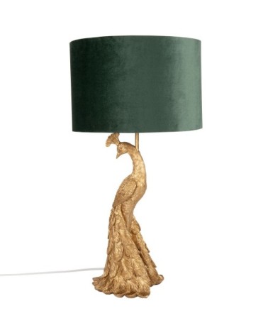 Lampe paon doré et abat-jour en velours vert