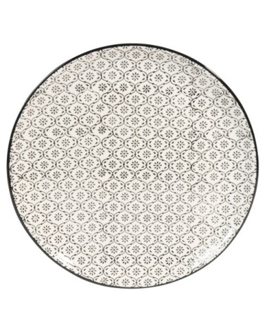Assiette plate en grès blanc motifs graphiques noirs