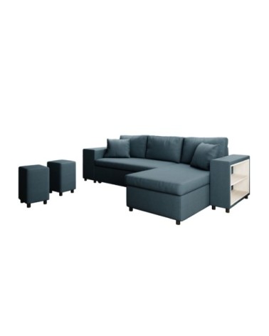 Canapé d'angle convertible et poufs en tissu - bleu