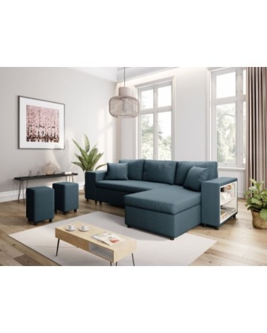 Canapé d'angle convertible et poufs en tissu - bleu
