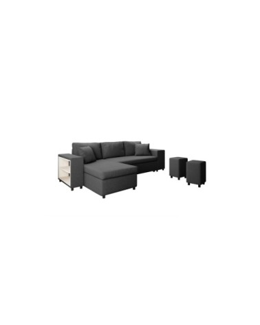 Canapé d'angle convertible et poufs en tissu - gris foncé