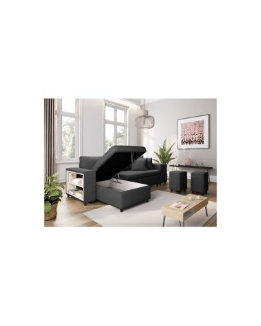 Canapé d'angle convertible et poufs en tissu - gris foncé