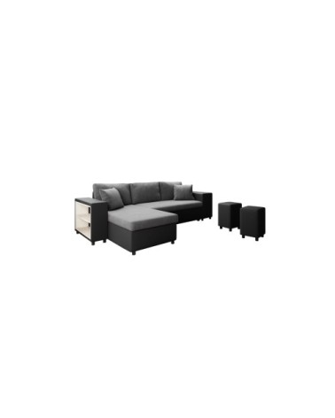 Canapé d'angle convertible et poufs en simili/microfibre - gris / noir