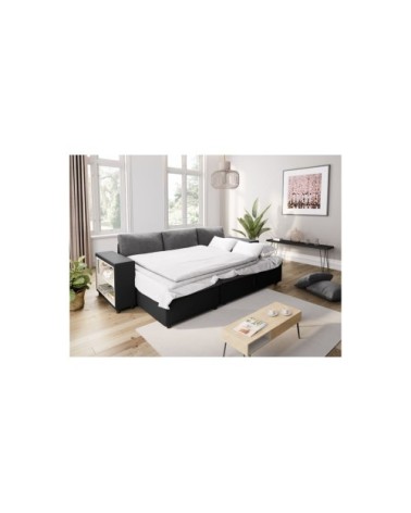 Canapé d'angle convertible et poufs en simili/microfibre - gris / noir