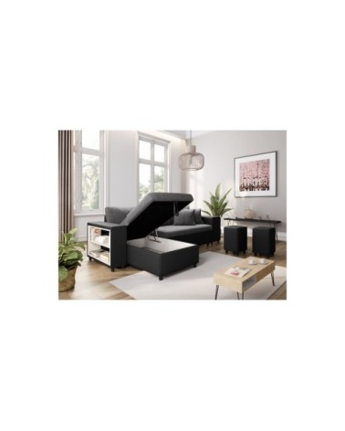 Canapé d'angle convertible et poufs en simili/microfibre - gris / noir