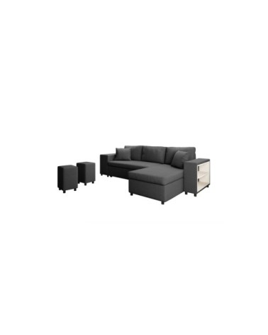 Canapé d'angle convertible et poufs en tissu - gris foncé
