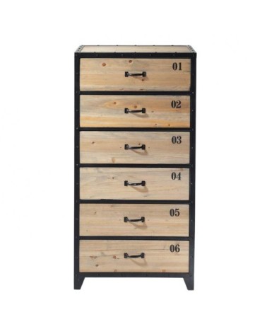 Semainier industriel 6 tiroirs en métal noir et bois de sapin